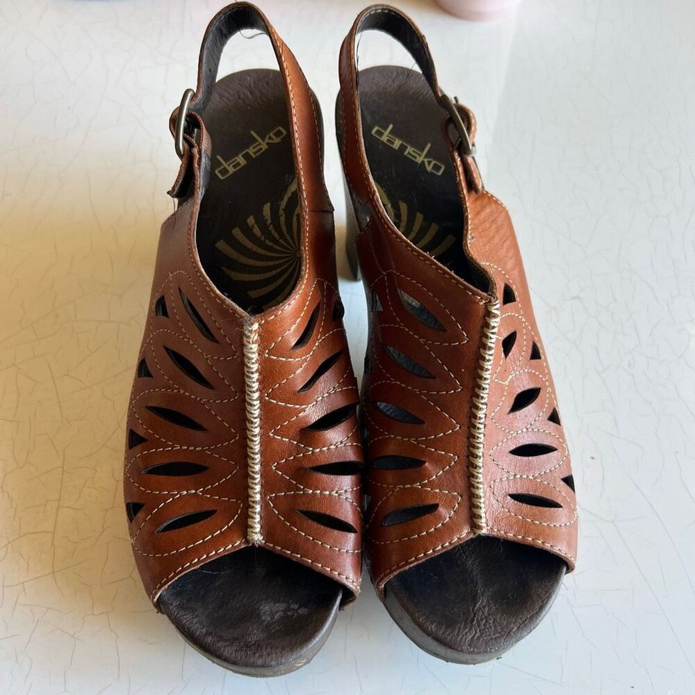 Dansko Rowena slingback sandals,brown leather upper with a distinctive laser-cut